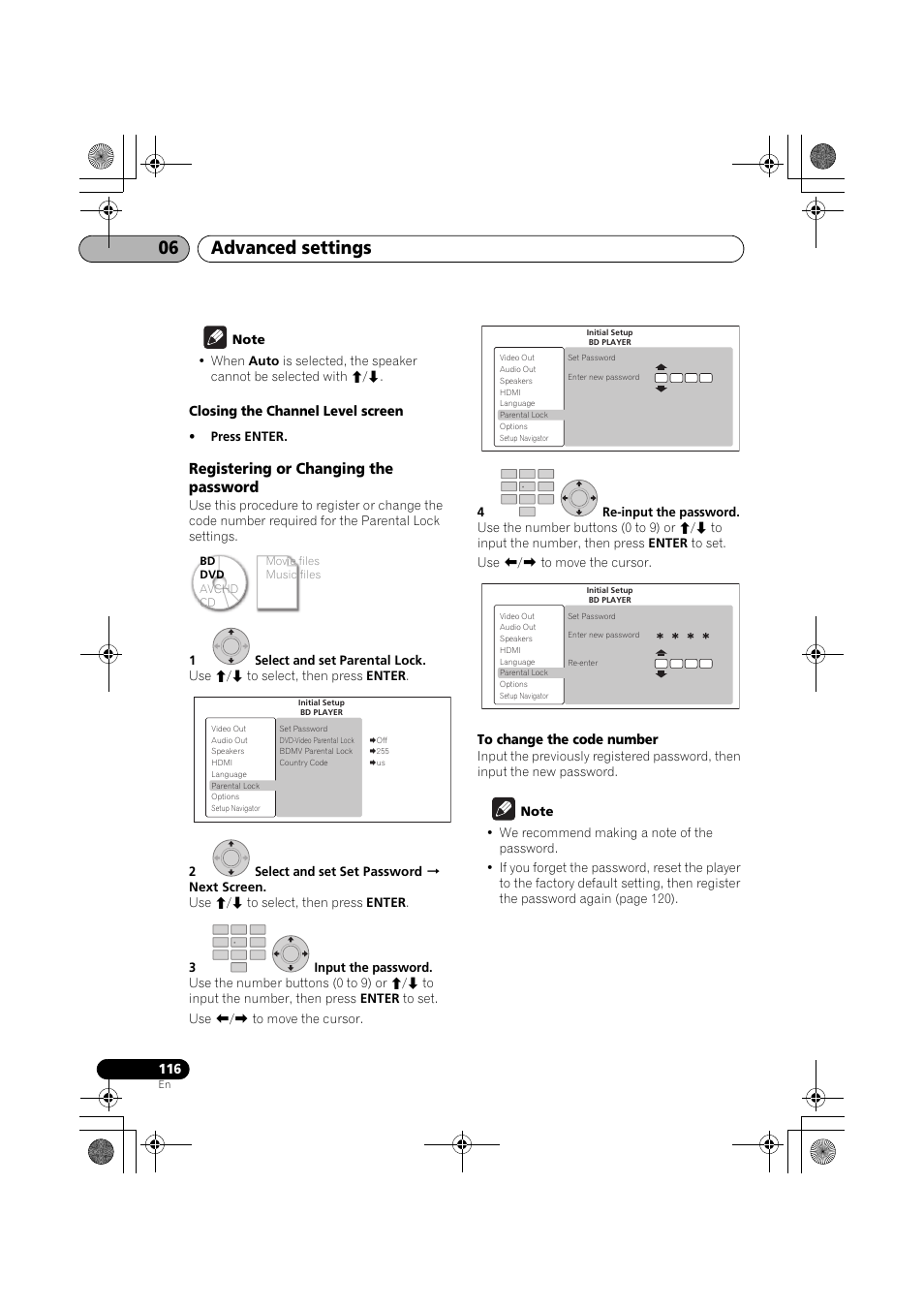 Registering or changing the password, Advanced settings 06, Closing the channel level screen | Pioneer SX-LX03 User Manual | Page 116 / 132