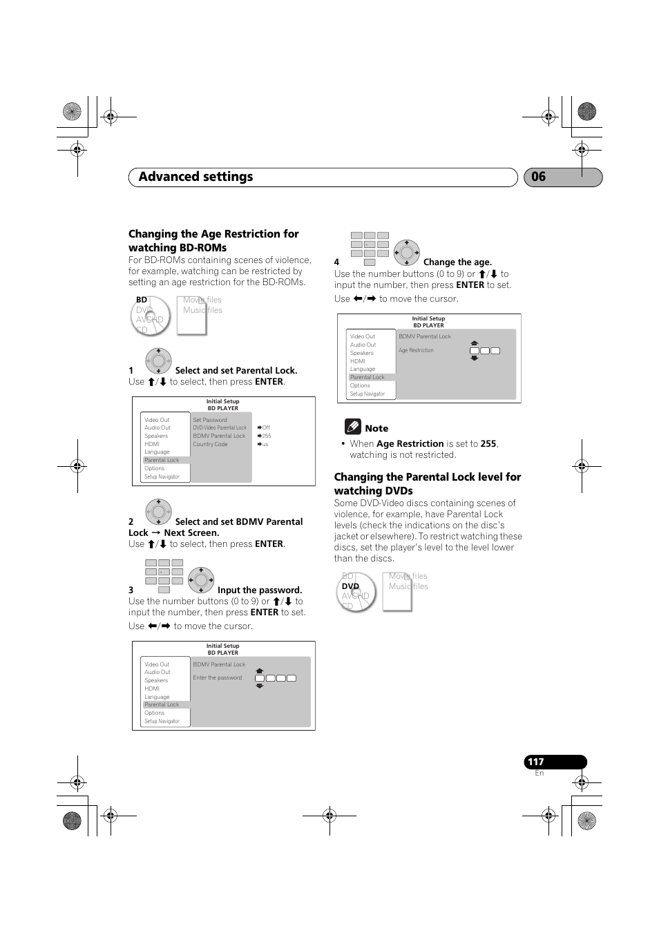 Changing the age restriction for watching bd-roms, Changing the parental lock level for watching dvds, Advanced settings 06 | Pioneer SX-LX03 User Manual | Page 117 / 132