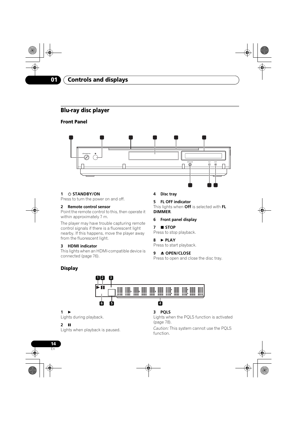 Blu-ray disc player, Front panel, Display | Controls and displays 01 | Pioneer SX-LX03 User Manual | Page 14 / 132