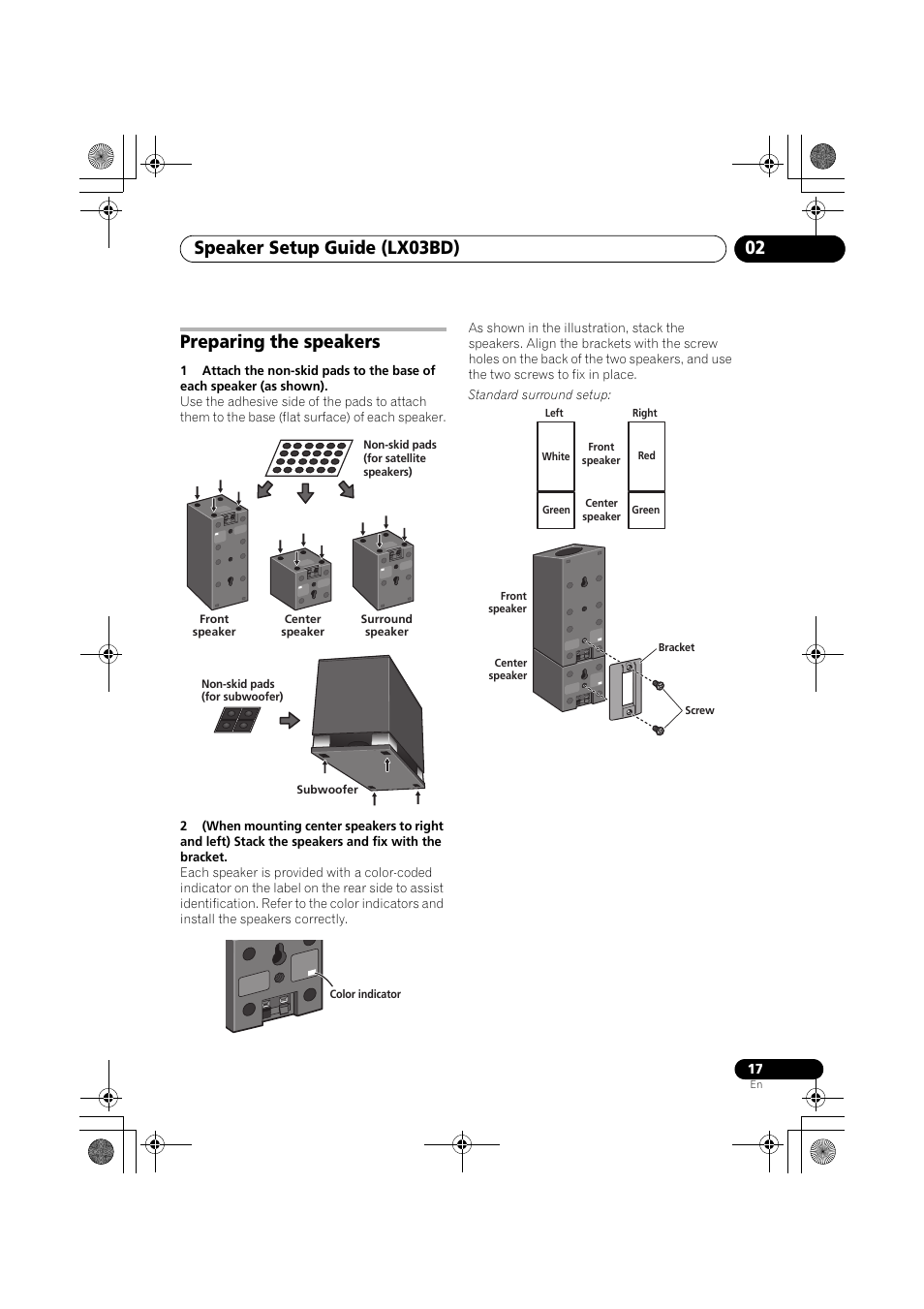 Preparing the speakers, Speaker setup guide (lx03bd) 02 | Pioneer SX-LX03 User Manual | Page 17 / 132