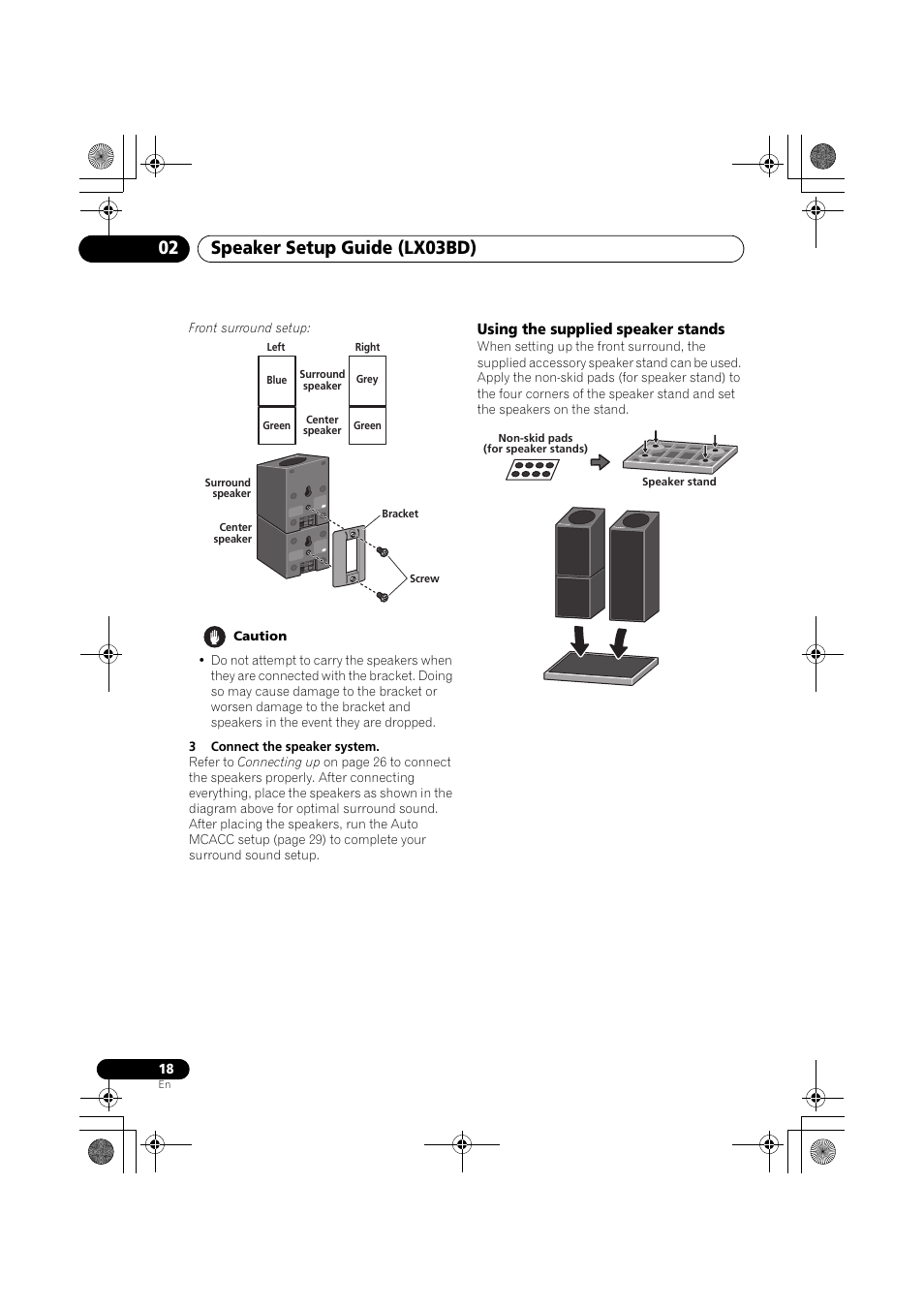 Using the supplied speaker stands, Speaker setup guide (lx03bd) 02 | Pioneer SX-LX03 User Manual | Page 18 / 132