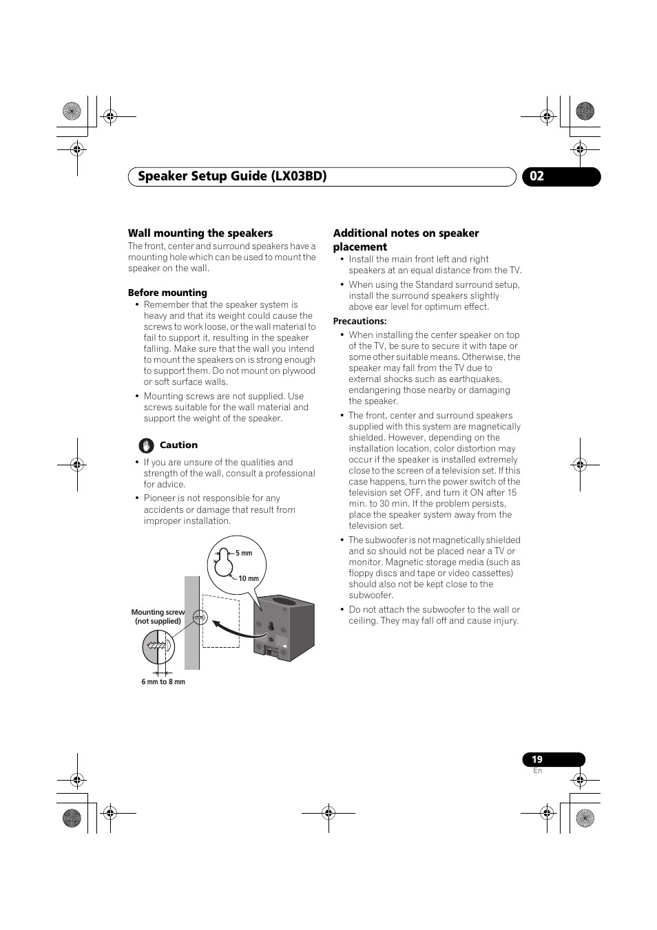 Wall mounting the speakers, Additional notes on speaker placement, Speaker setup guide (lx03bd) 02 | Pioneer SX-LX03 User Manual | Page 19 / 132