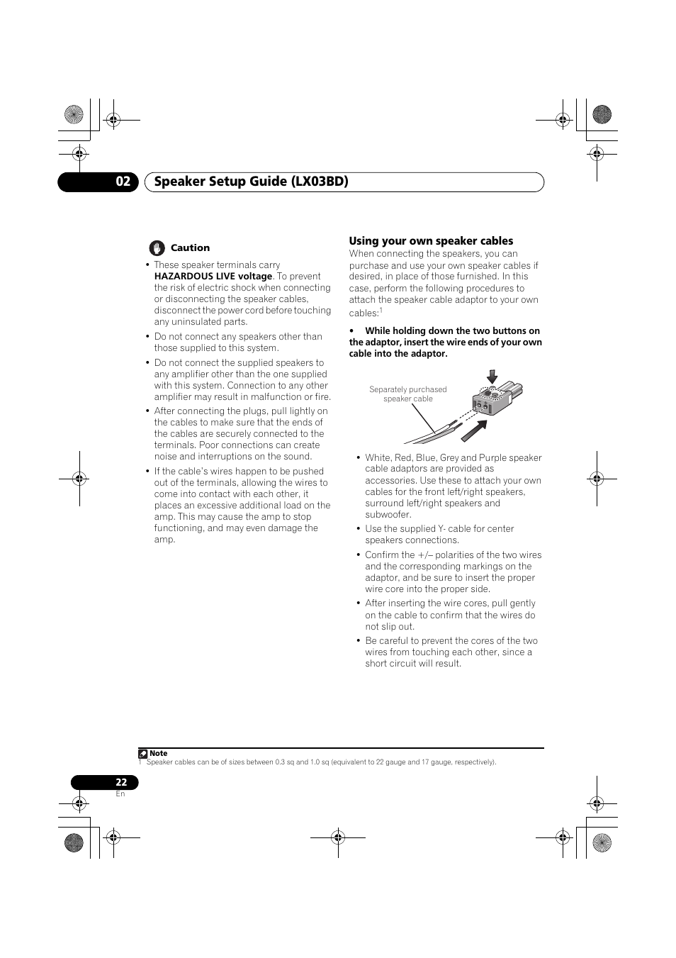 Using your own speaker cables, Speaker setup guide (lx03bd) 02 | Pioneer SX-LX03 User Manual | Page 22 / 132