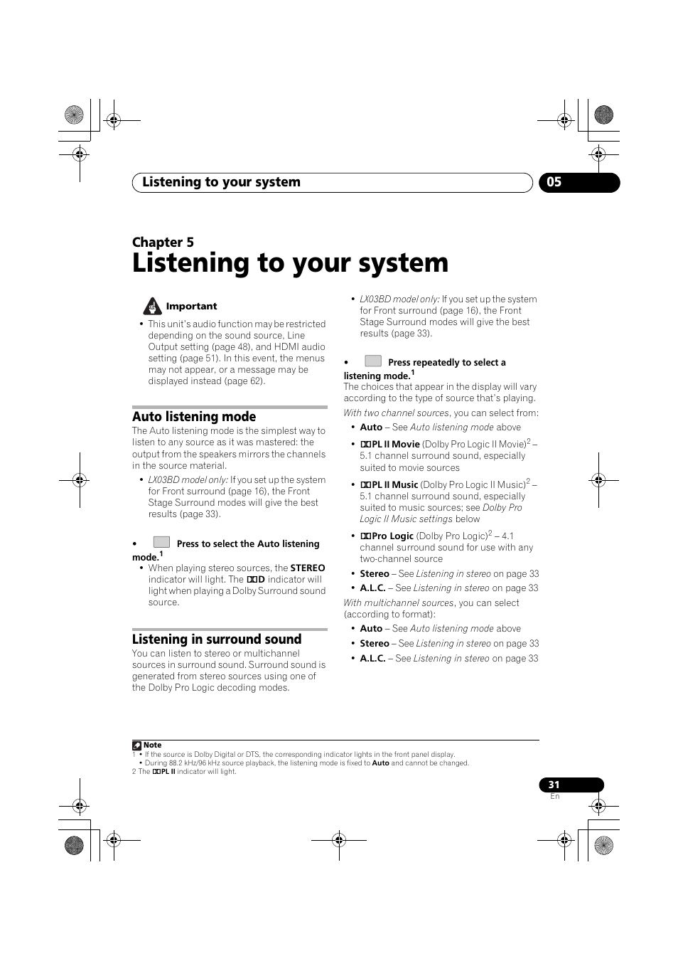 Auto listening mode, Listening in surround sound, Listening to your system | Listening to your system 05, Chapter 5 | Pioneer SX-LX03 User Manual | Page 31 / 132