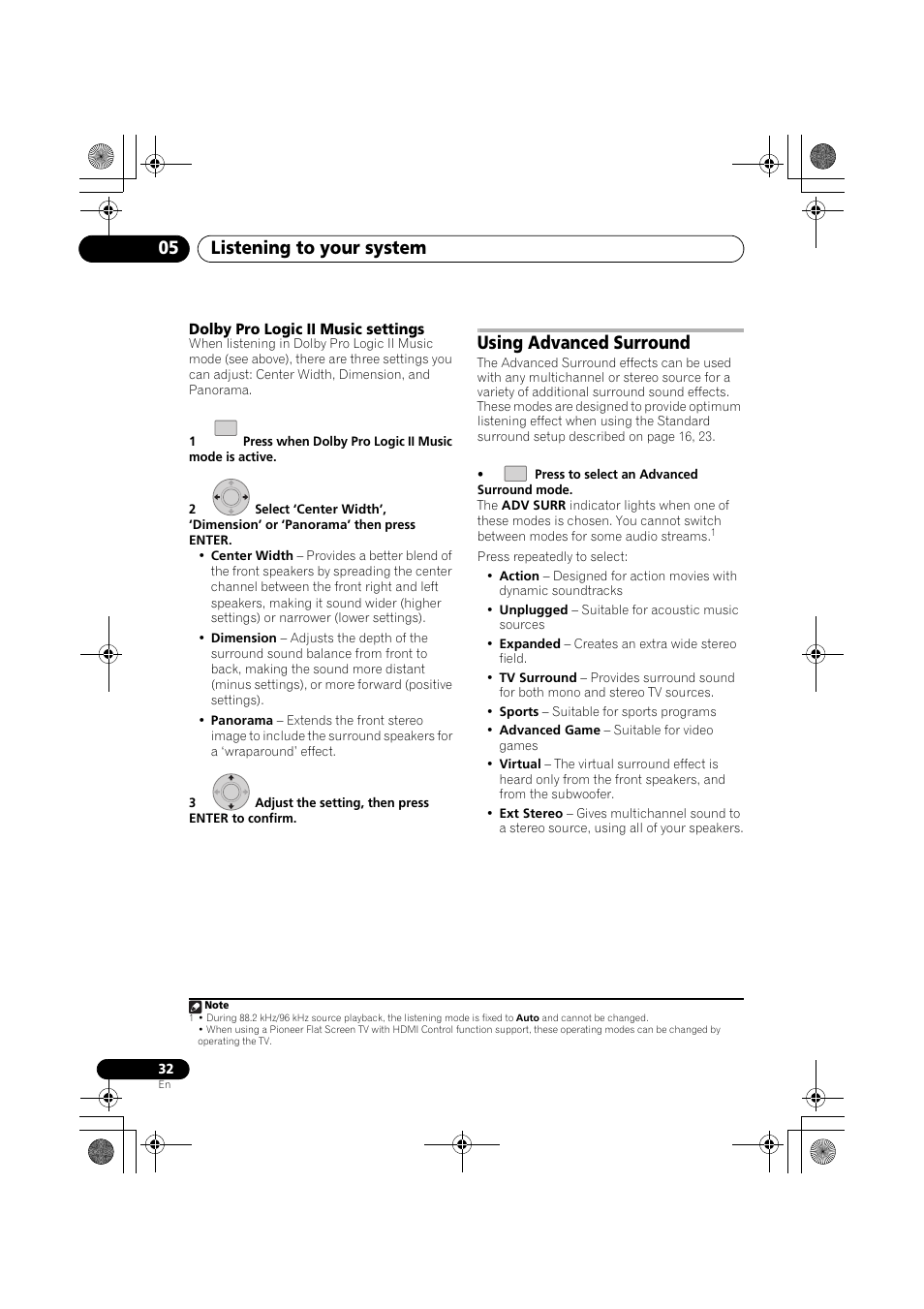 Dolby pro logic ii music settings, Using advanced surround, Listening to your system 05 | Pioneer SX-LX03 User Manual | Page 32 / 132