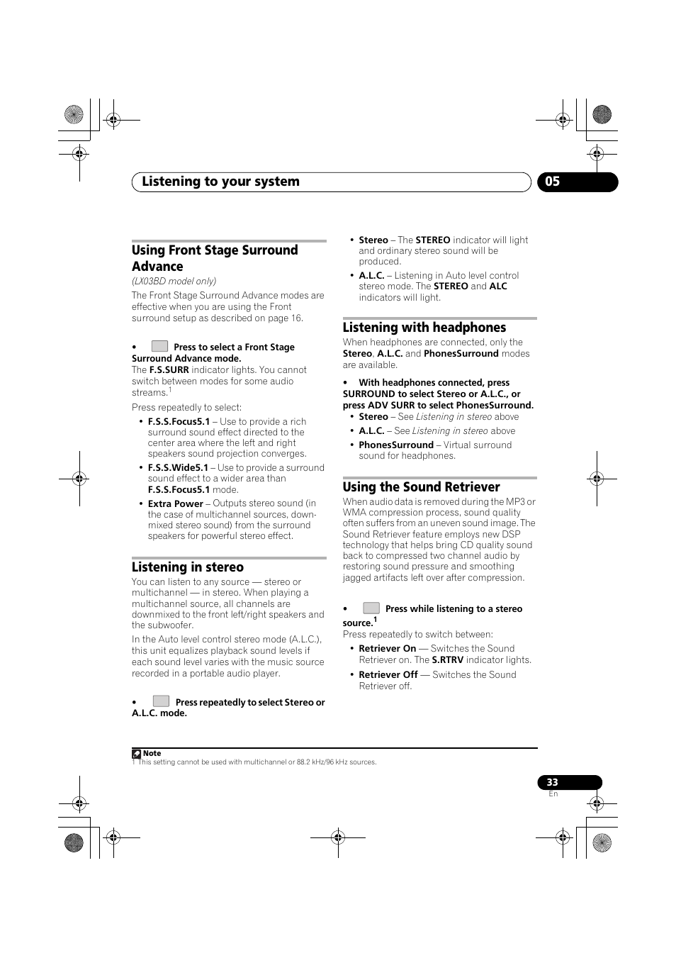 Using front stage surround advance, Listening in stereo, Listening with headphones | Using the sound retriever, Listening to your system 05 | Pioneer SX-LX03 User Manual | Page 33 / 132