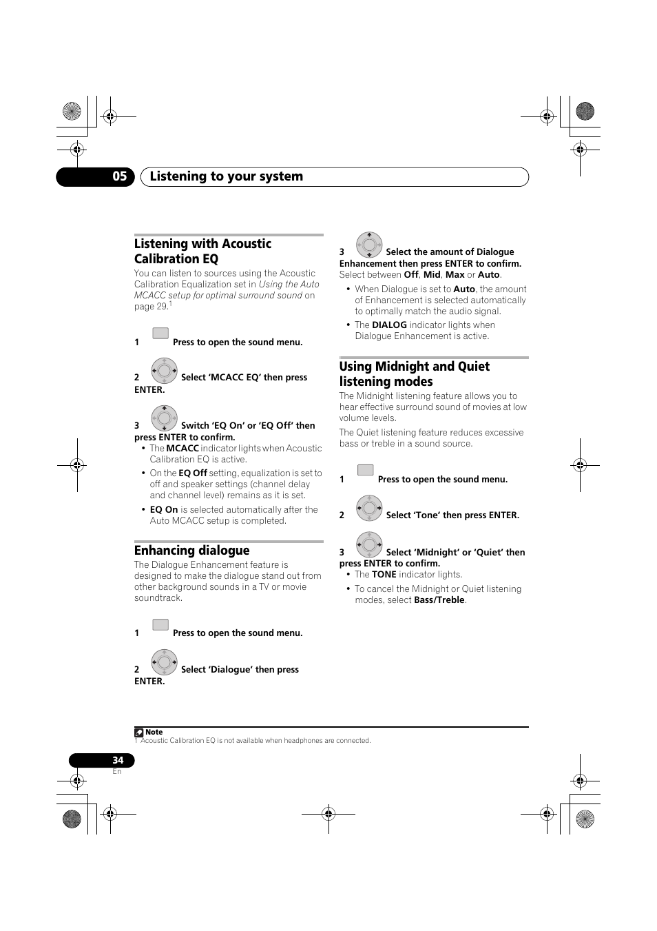 Listening with acoustic calibration eq, Enhancing dialogue, Listening to your system 05 | Using midnight and quiet listening modes | Pioneer SX-LX03 User Manual | Page 34 / 132