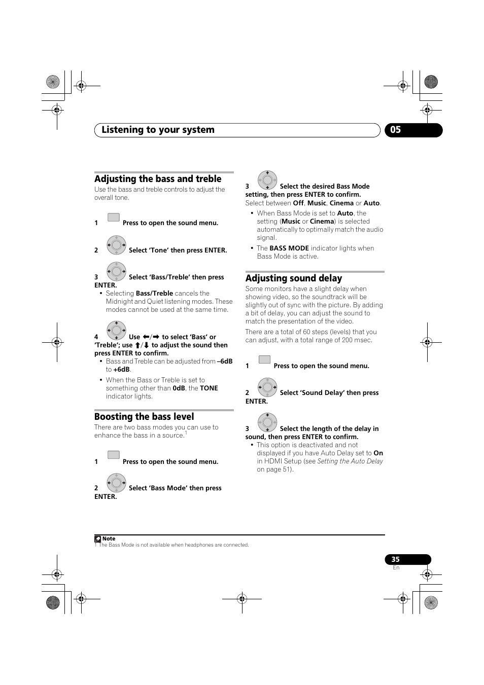 Using midnight and quiet listening modes, Adjusting the bass and treble, Boosting the bass level | Adjusting sound delay, Listening to your system 05 | Pioneer SX-LX03 User Manual | Page 35 / 132