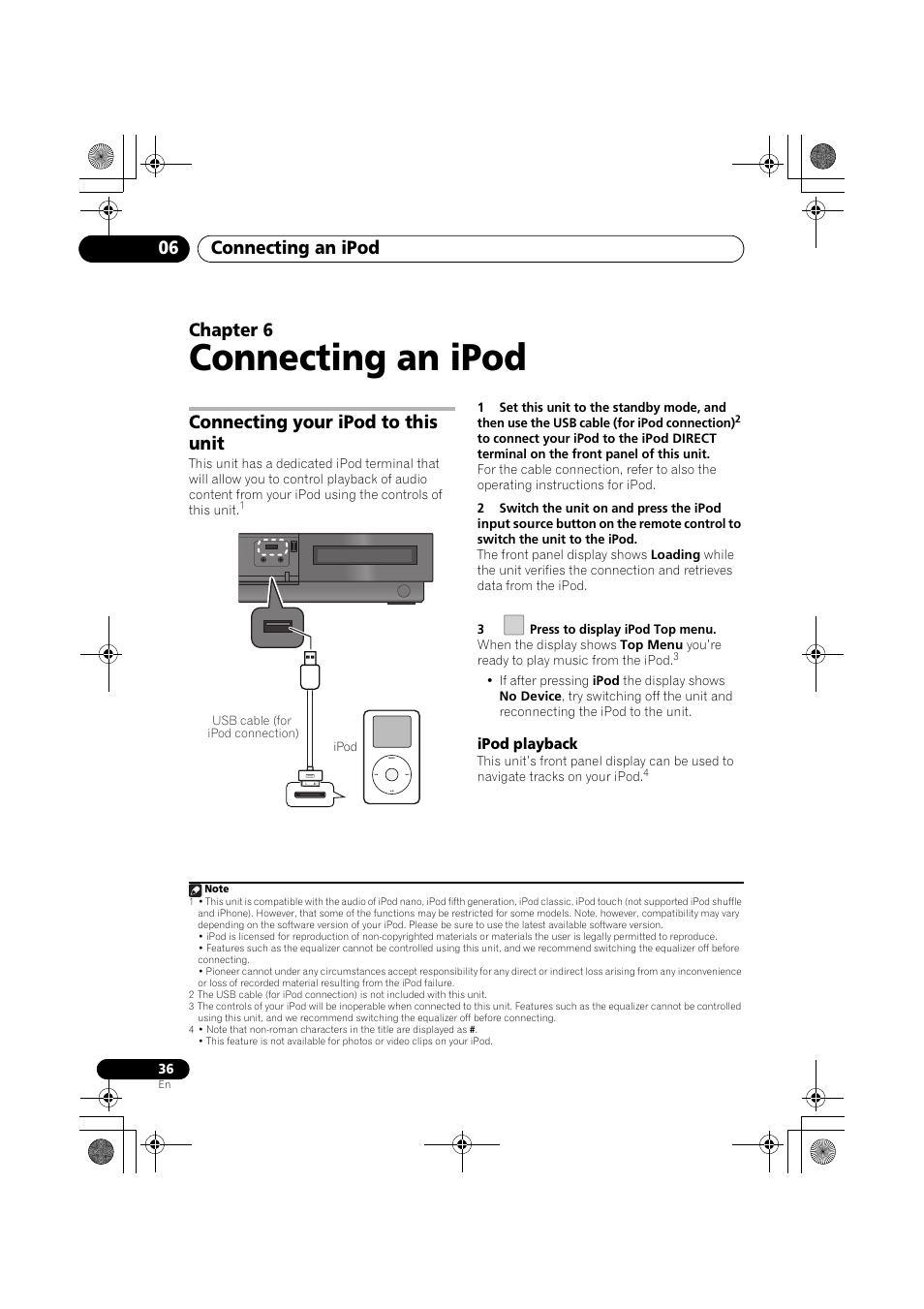 Connecting your ipod to this unit, Ipod playback, Connecting an ipod | Connecting an ipod 06, Chapter 6 | Pioneer SX-LX03 User Manual | Page 36 / 132