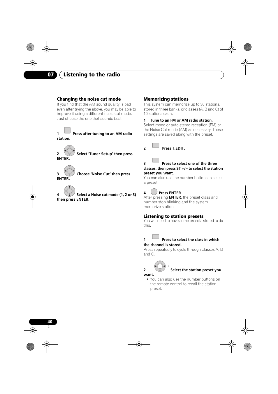 Changing the noise cut mode, Memorizing stations, Listening to station presets | Listening to the radio 07 | Pioneer SX-LX03 User Manual | Page 40 / 132