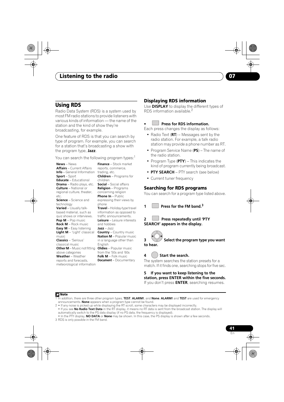 Using rds, Displaying rds information, Searching for rds programs | Listening to the radio 07 | Pioneer SX-LX03 User Manual | Page 41 / 132