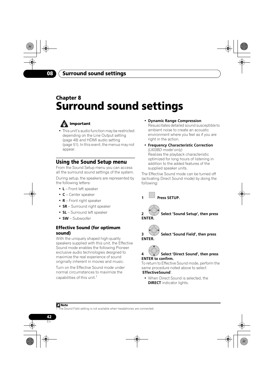 Using the sound setup menu, Effective sound (for optimum sound), Surround sound settings | Surround sound settings 08, Chapter 8 | Pioneer SX-LX03 User Manual | Page 42 / 132