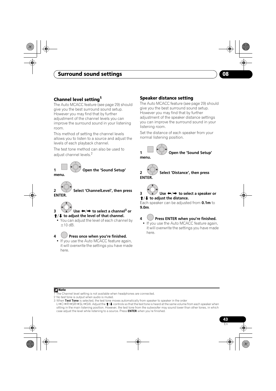 Channel level setting, Speaker distance setting, Surround sound settings 08 | Pioneer SX-LX03 User Manual | Page 43 / 132