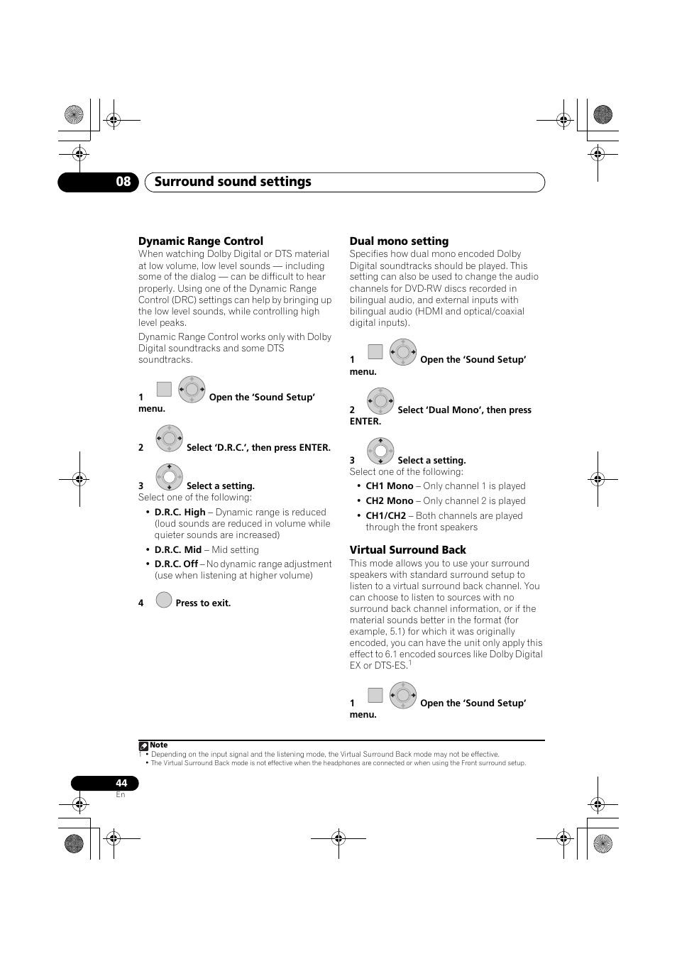 Dynamic range control, Dual mono setting, Virtual surround back | Surround sound settings 08 | Pioneer SX-LX03 User Manual | Page 44 / 132