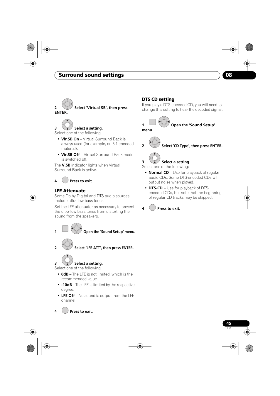 Lfe attenuate, Dts cd setting, Surround sound settings 08 | Pioneer SX-LX03 User Manual | Page 45 / 132