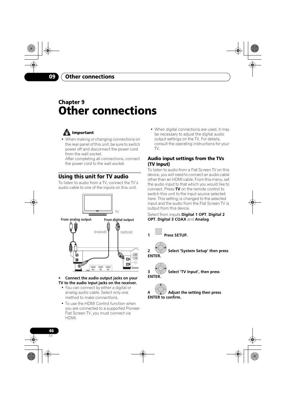 Using this unit for tv audio, Audio input settings from the tvs (tv input), Other connections | Other connections 09, Chapter 9 | Pioneer SX-LX03 User Manual | Page 46 / 132