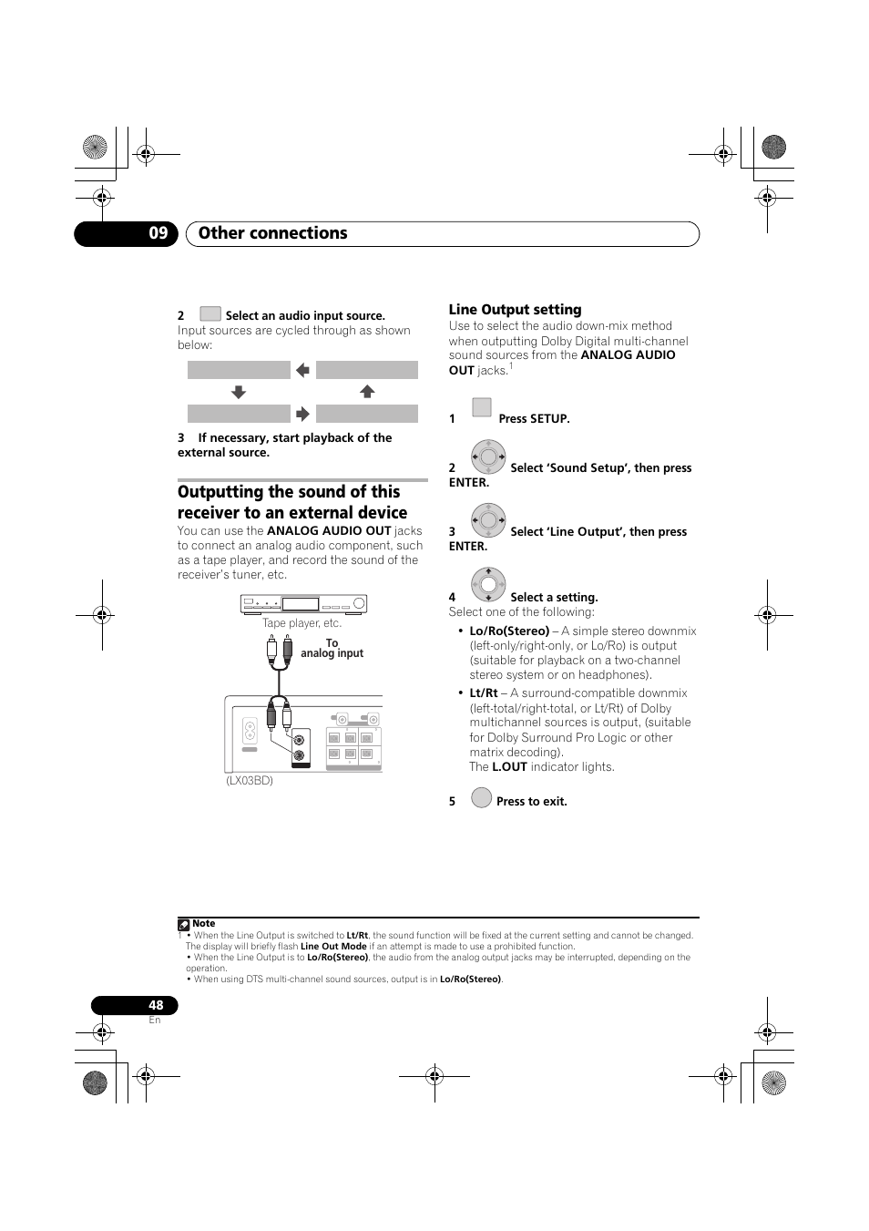 Line output setting, Other connections 09, Digital 1 opt digital 2 opt digital 3 coax analog | Pioneer SX-LX03 User Manual | Page 48 / 132