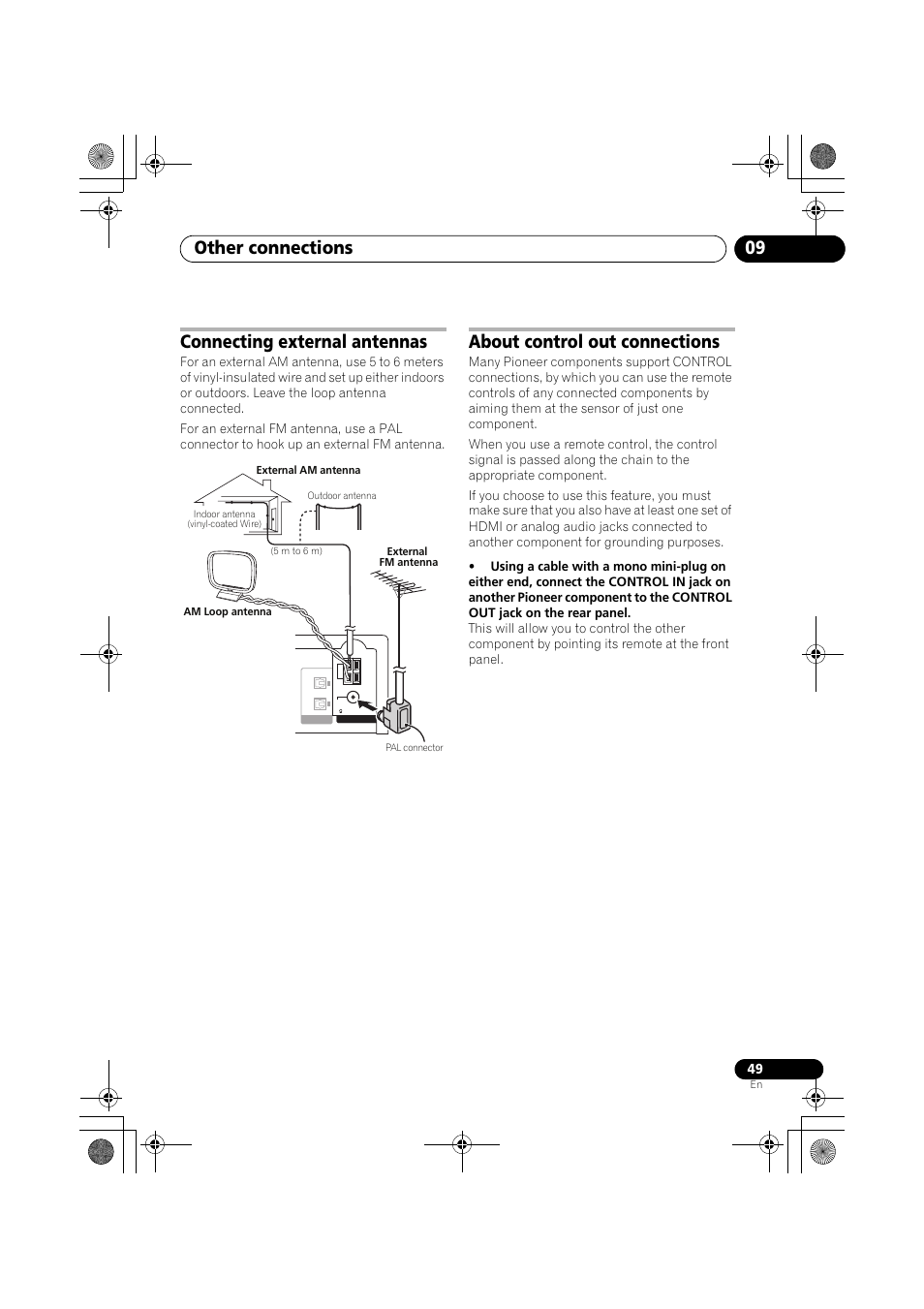 Connecting external antennas, About control out connections, Other connections 09 | Pioneer SX-LX03 User Manual | Page 49 / 132