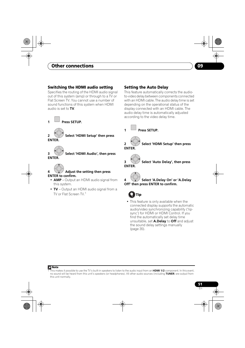 Switching the hdmi audio setting, Setting the auto delay, Other connections 09 | Pioneer SX-LX03 User Manual | Page 51 / 132