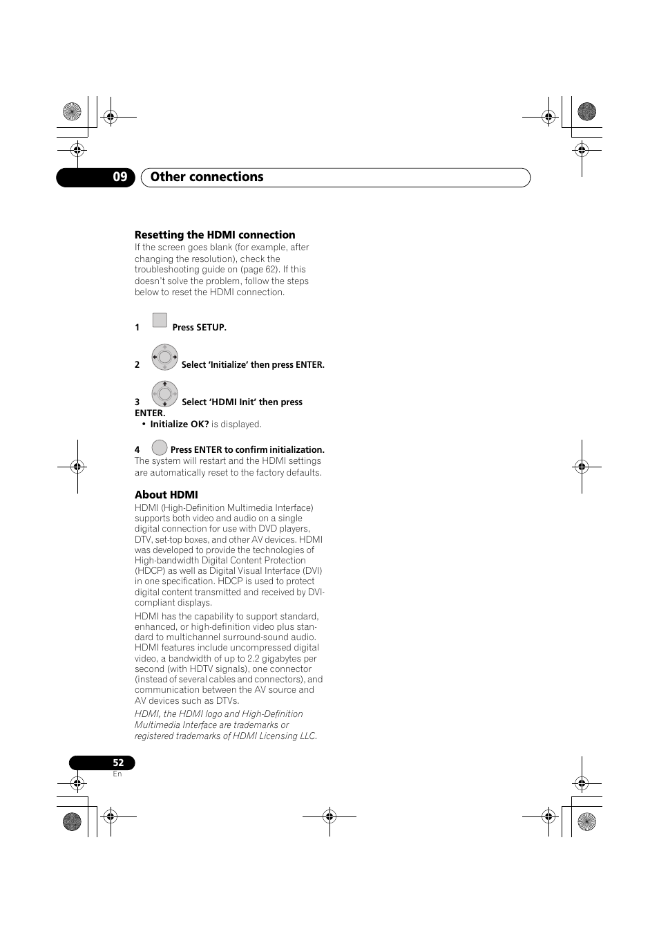 Resetting the hdmi connection, About hdmi, Other connections 09 | Pioneer SX-LX03 User Manual | Page 52 / 132