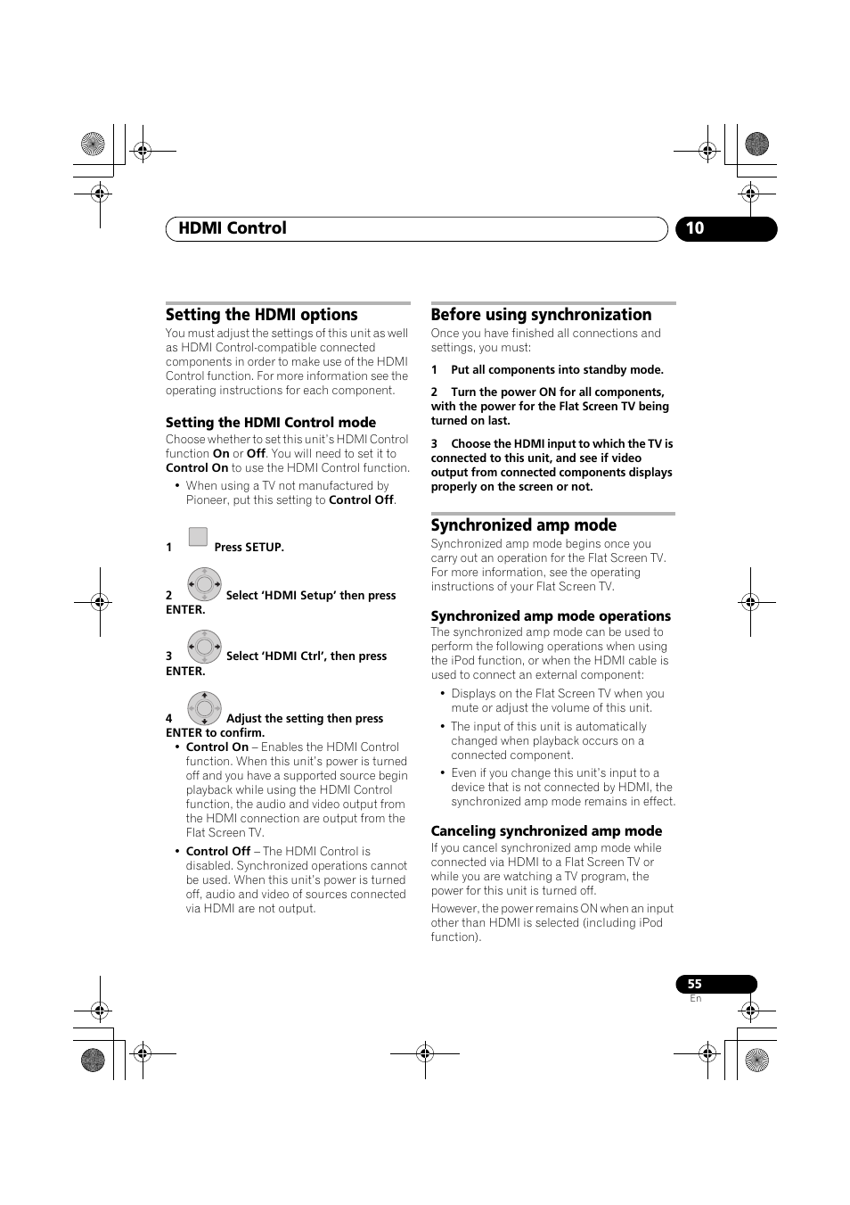 Setting the hdmi options, Setting the hdmi control mode, Before using synchronization | Synchronized amp mode, Synchronized amp mode operations, Canceling synchronized amp mode, Hdmi control 10 | Pioneer SX-LX03 User Manual | Page 55 / 132
