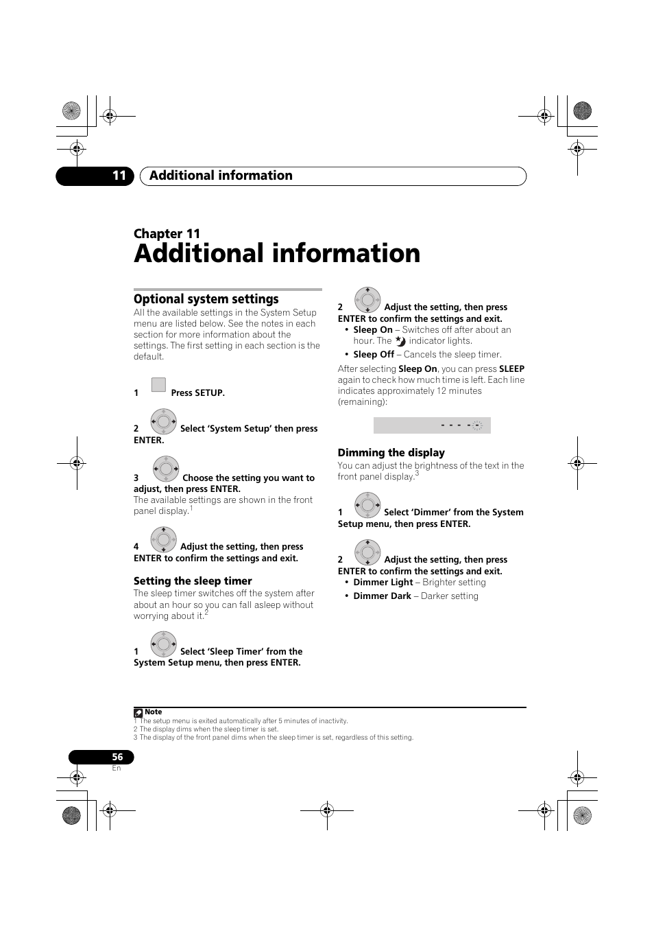 Optional system settings, Setting the sleep timer, Dimming the display | Additional information, Additional information 11, Chapter 11 | Pioneer SX-LX03 User Manual | Page 56 / 132