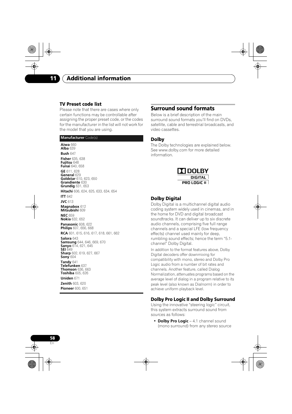 Tv preset code list, Surround sound formats, Dolby | Dolby digital, Dolby pro logic ii and dolby surround, Additional information 11 | Pioneer SX-LX03 User Manual | Page 58 / 132