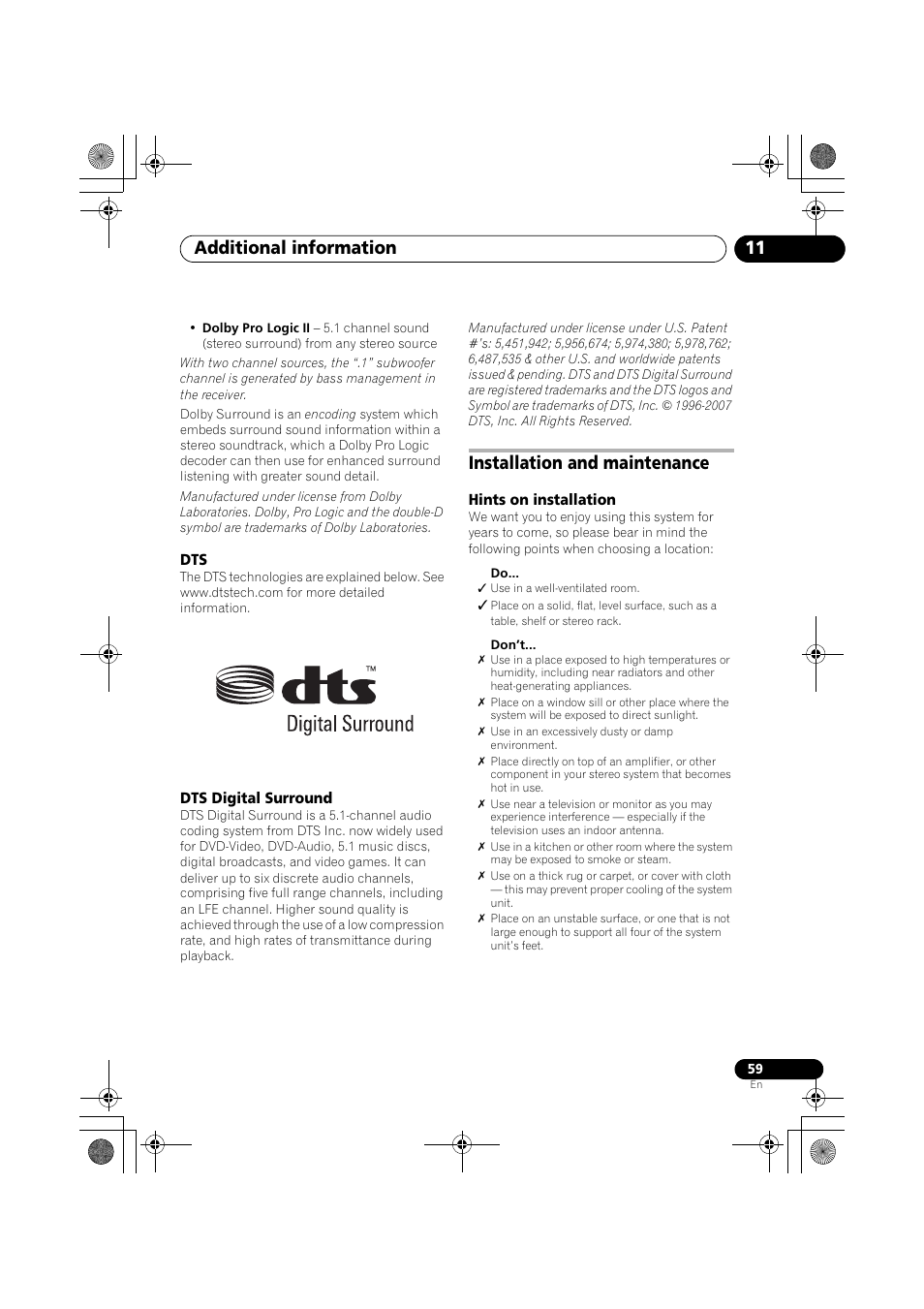 Dts digital surround, Installation and maintenance, Hints on installation | Additional information 11 | Pioneer SX-LX03 User Manual | Page 59 / 132