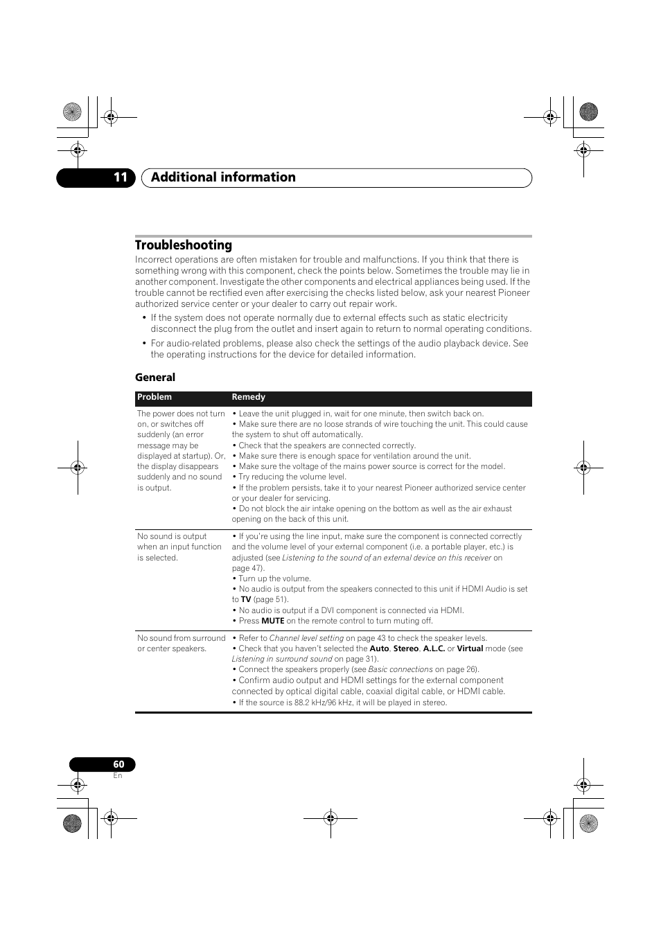 Troubleshooting, General, Additional information 11 | Pioneer SX-LX03 User Manual | Page 60 / 132