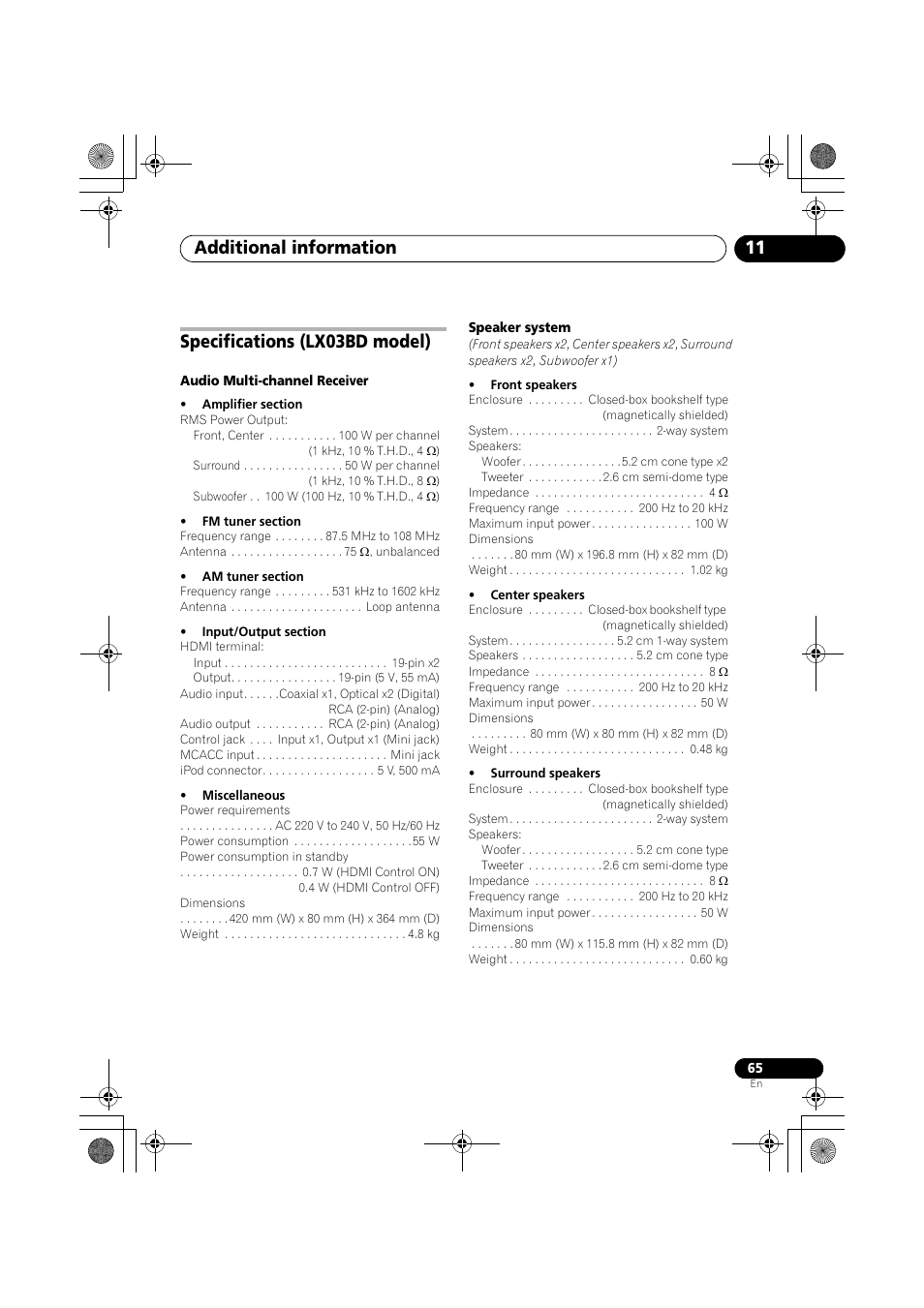 Specifications (lx03bd model), Additional information 11 | Pioneer SX-LX03 User Manual | Page 65 / 132