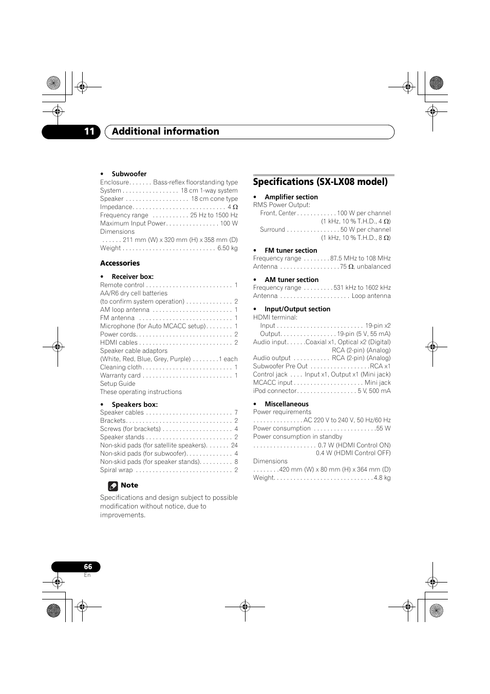 Specifications (sx-lx08 model), Additional information 11 | Pioneer SX-LX03 User Manual | Page 66 / 132