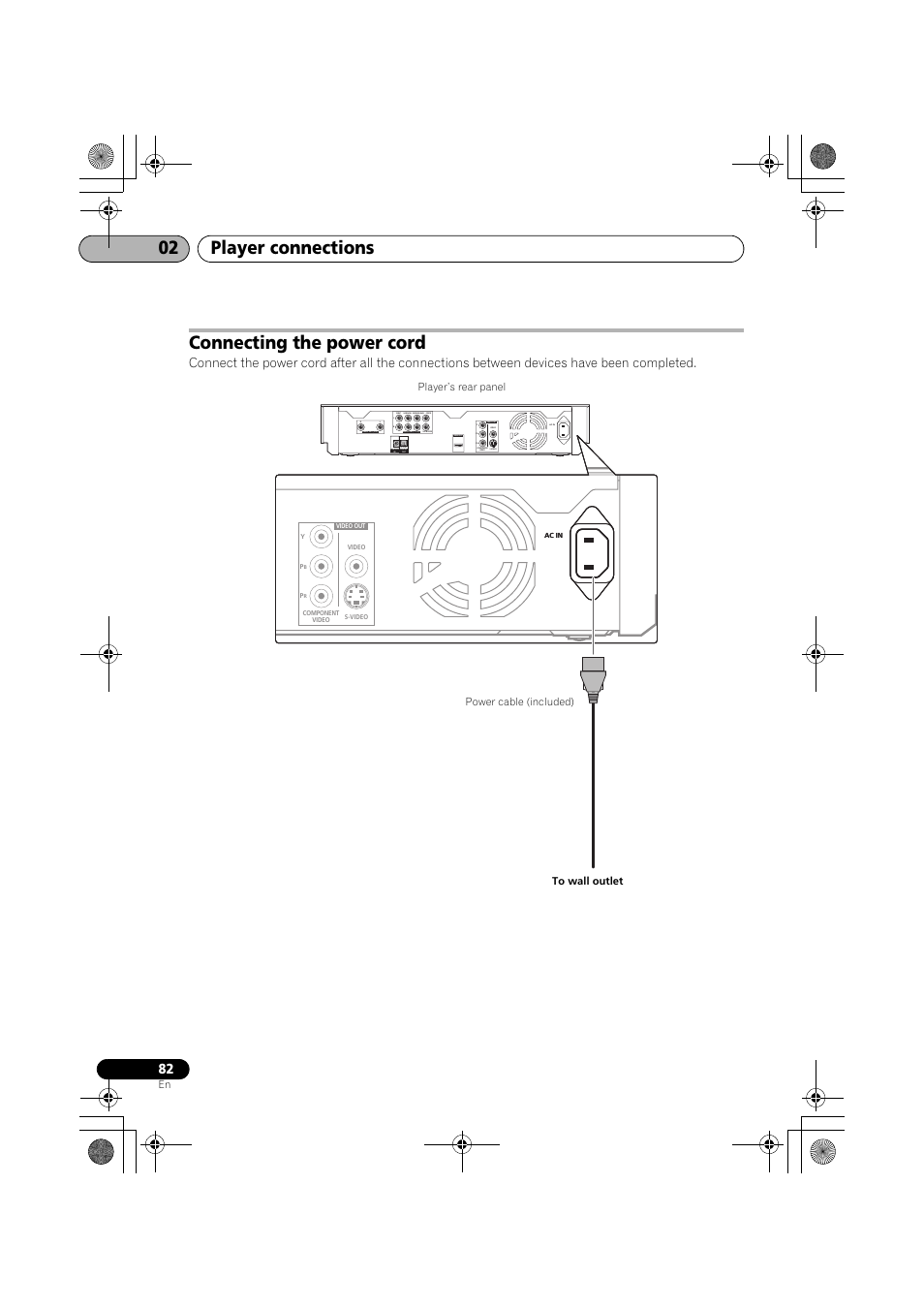 Connecting the power cord, Player connections 02, Rfront optical | Surround center, Surround back | Pioneer SX-LX03 User Manual | Page 82 / 132