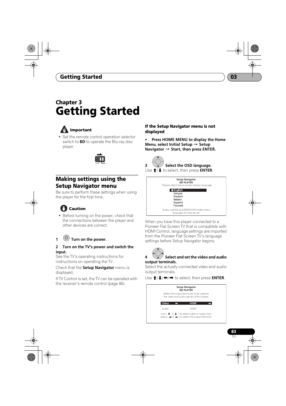 Making settings using the setup navigator menu, Getting started, Getting started 03 | Chapter 3 | Pioneer SX-LX03 User Manual | Page 83 / 132