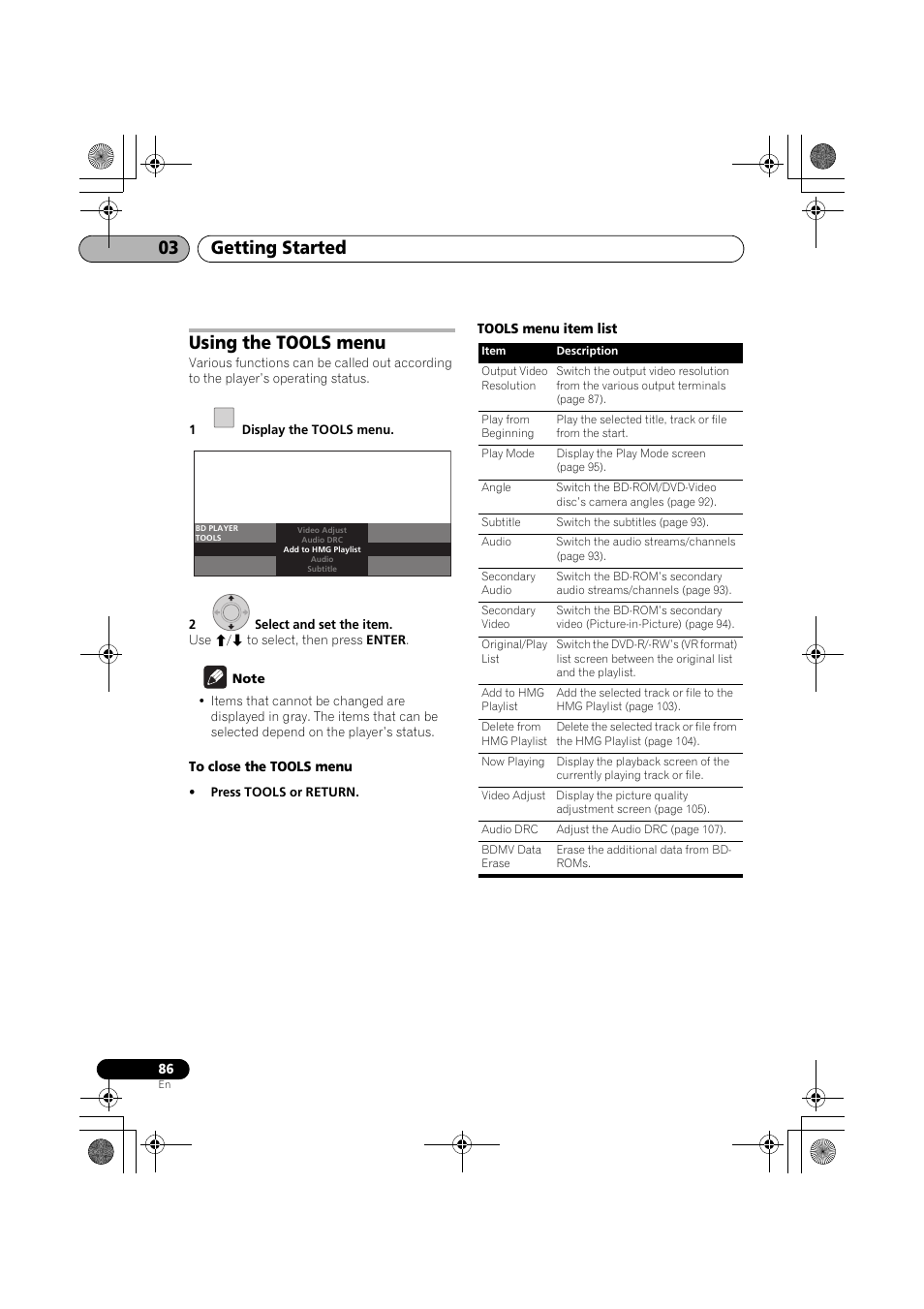 Using the tools menu, Getting started 03 | Pioneer SX-LX03 User Manual | Page 86 / 132