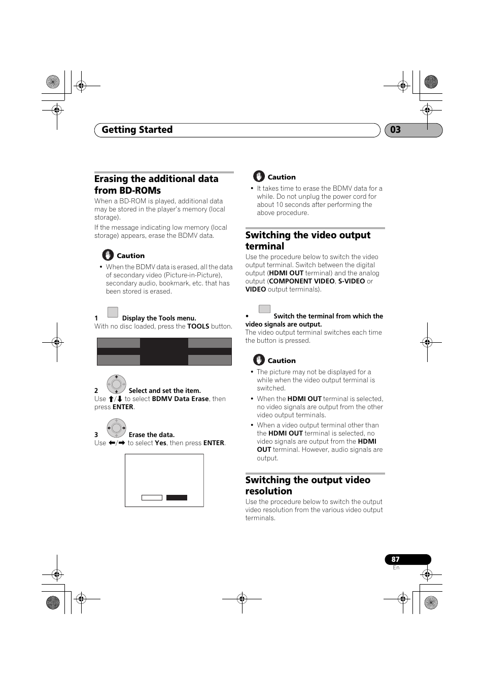 Erasing the additional data from bd-roms, Switching the video output terminal, Switching the output video resolution | Getting started 03 | Pioneer SX-LX03 User Manual | Page 87 / 132