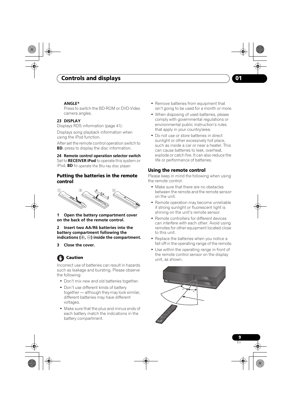 Putting the batteries in the remote control, Using the remote control, Controls and displays 01 | Pioneer SX-LX03 User Manual | Page 9 / 132