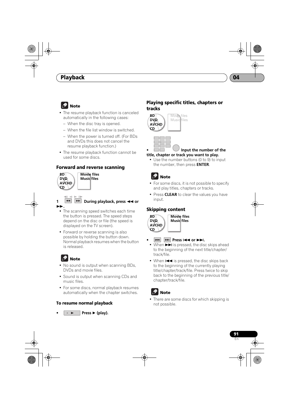 Forward and reverse scanning, Playing specific titles, chapters or tracks, Skipping content | Playback 04 | Pioneer SX-LX03 User Manual | Page 91 / 132