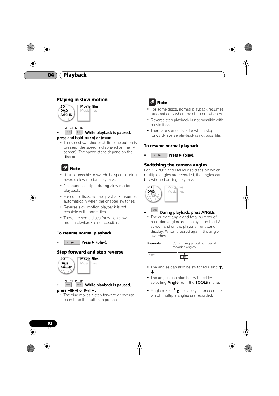 Playing in slow motion, Step forward and step reverse, Switching the camera angles | Playback 04 | Pioneer SX-LX03 User Manual | Page 92 / 132