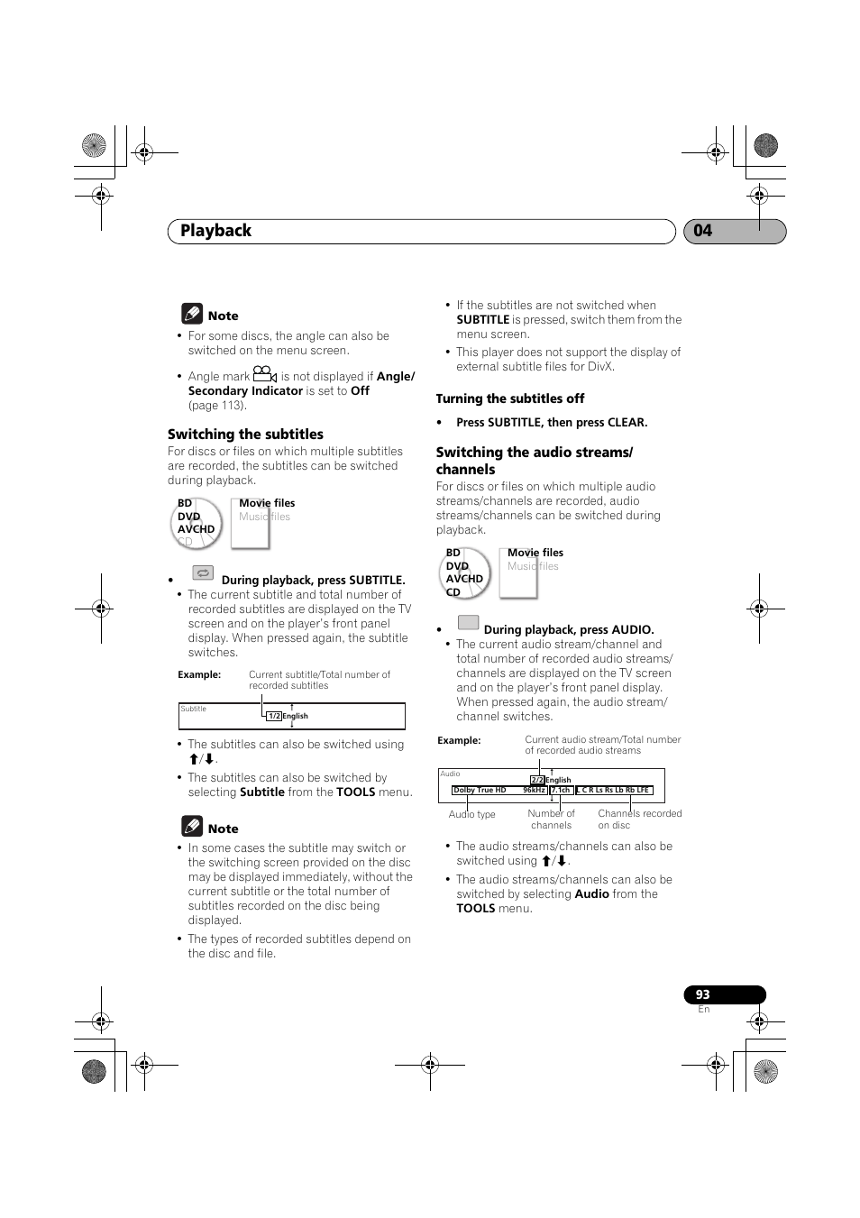 Switching the subtitles, Switching the audio streams/channels, Playback 04 | Pioneer SX-LX03 User Manual | Page 93 / 132