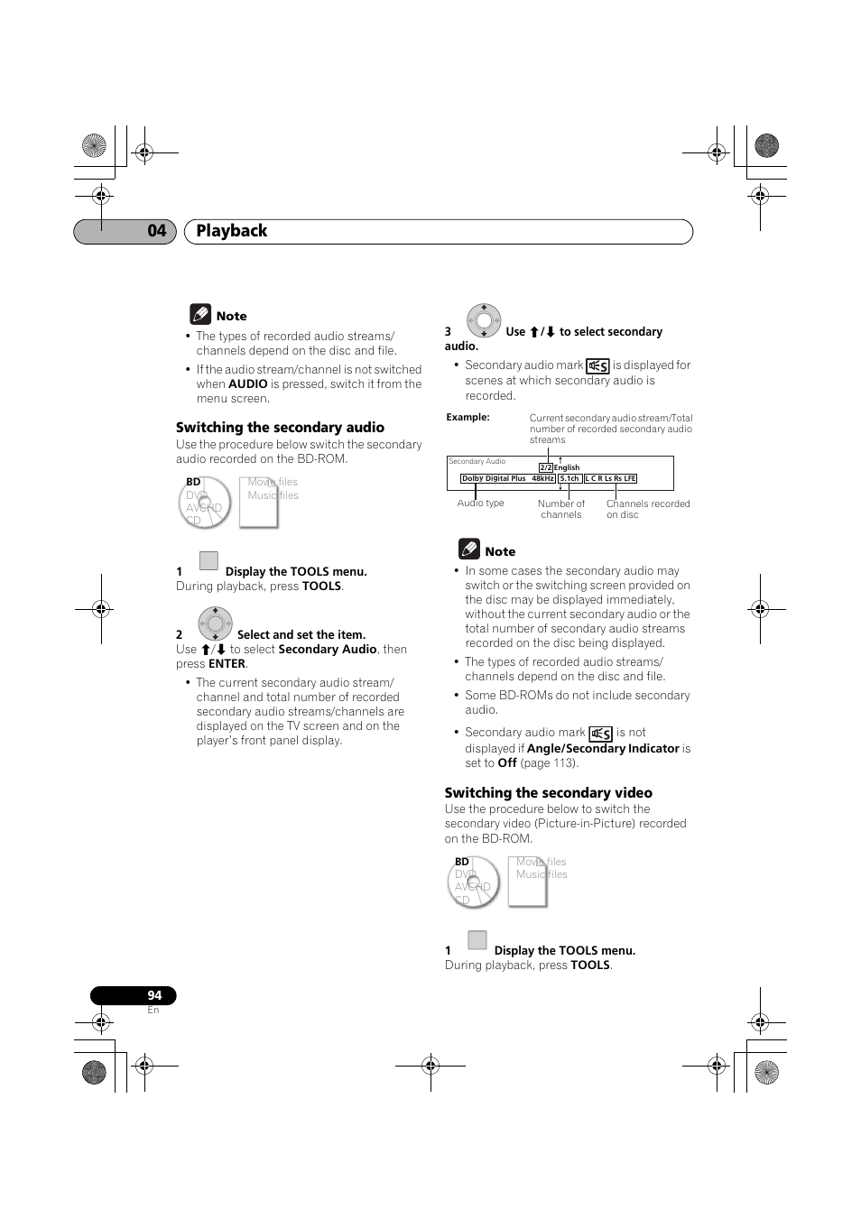 Switching the secondary audio, Switching the secondary video, Playback 04 | Pioneer SX-LX03 User Manual | Page 94 / 132