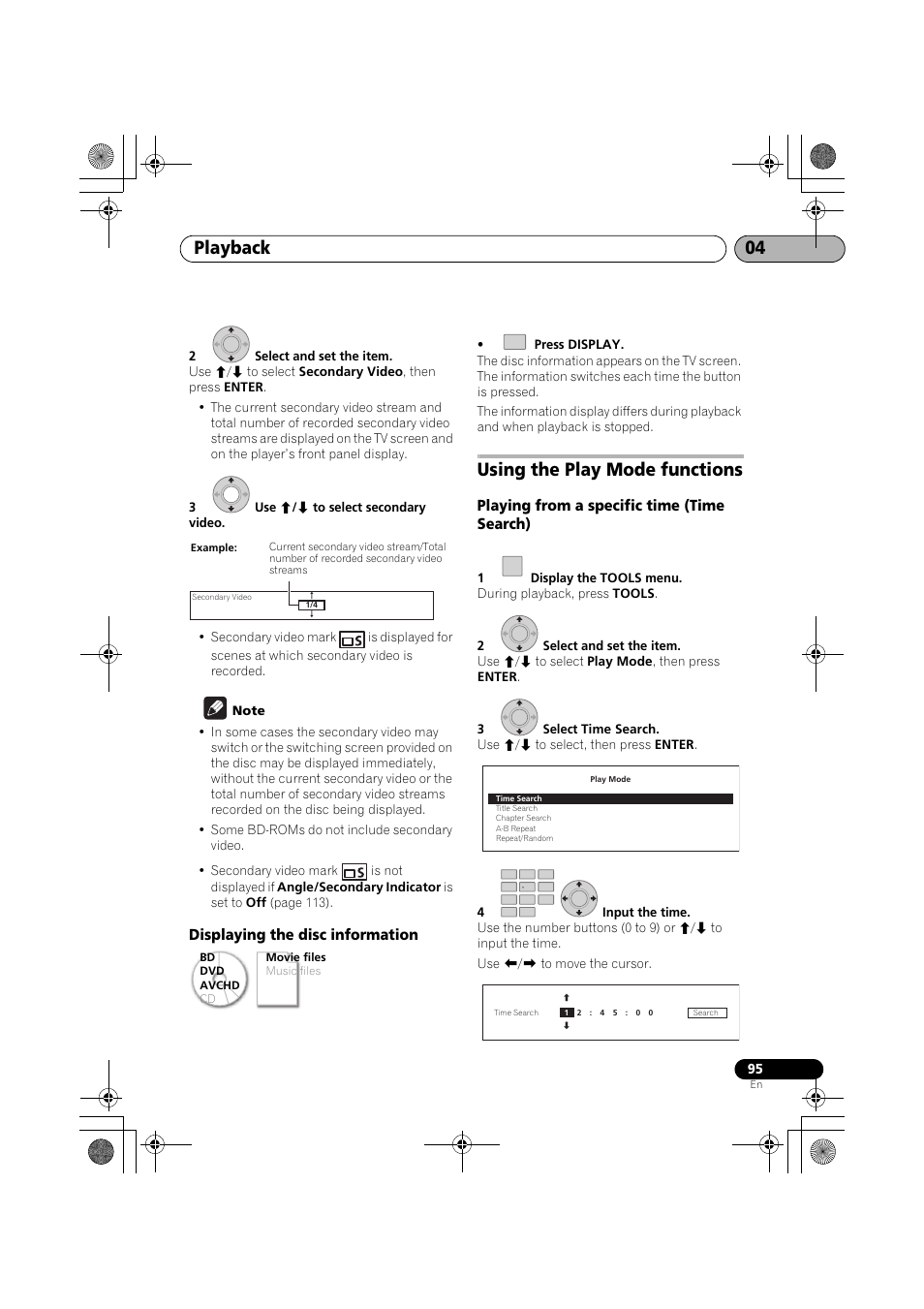 Displaying the disc information, Using the play mode functions, Playing from a specific time (time search) | Playback 04 | Pioneer SX-LX03 User Manual | Page 95 / 132