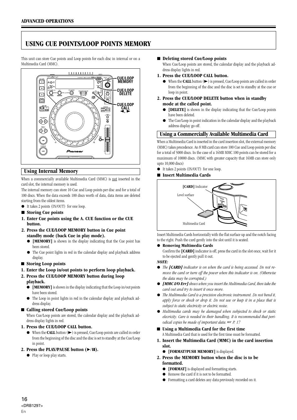 Using cue points / loop points memory, Using a commercially available multimedia card | Pioneer CDJ-1000 User Manual | Page 16 / 20