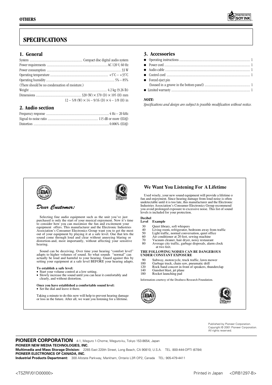 Specifications, General, Accessories | Pioneer CDJ-1000 User Manual | Page 20 / 20