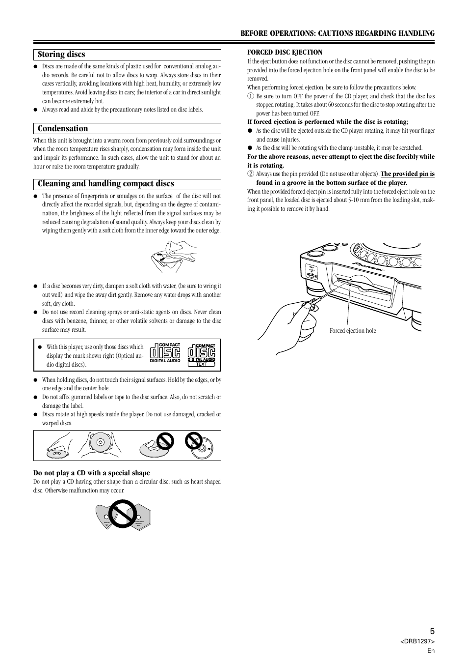 Storing discs, Condensation, Cleaning and handling compact discs | Pioneer CDJ-1000 User Manual | Page 5 / 20