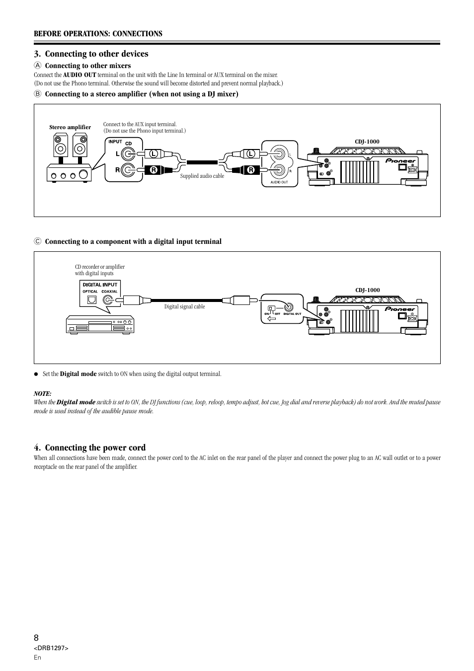 Connecting the power cord, Connecting to other devices | Pioneer CDJ-1000 User Manual | Page 8 / 20