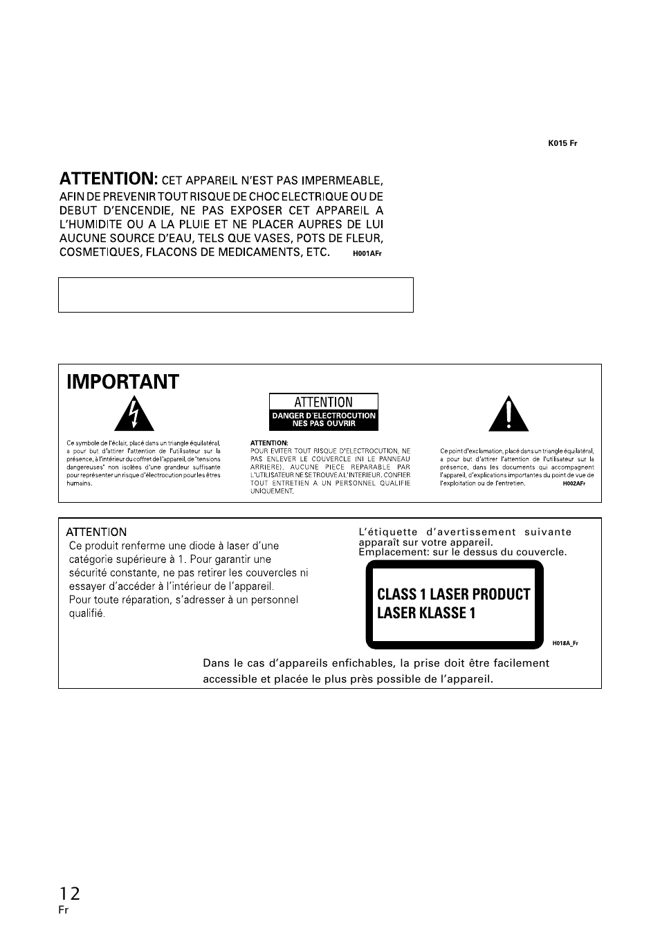 Class 1 laser product laser klasse 1 | Pioneer DVR-A06U User Manual | Page 12 / 60