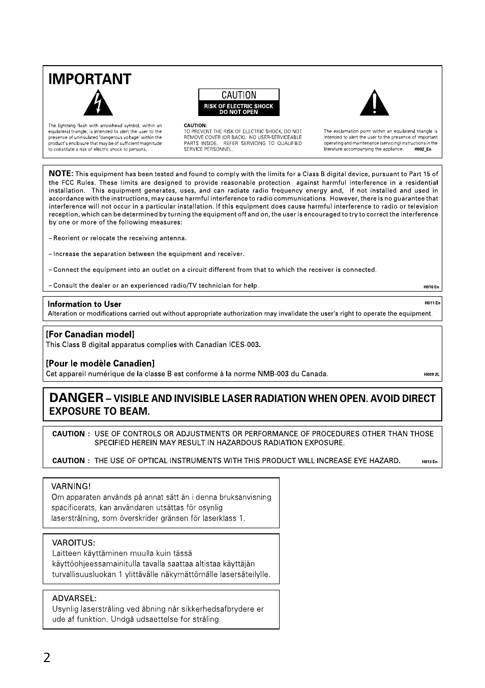 Danger | Pioneer DVR-A06U User Manual | Page 2 / 60