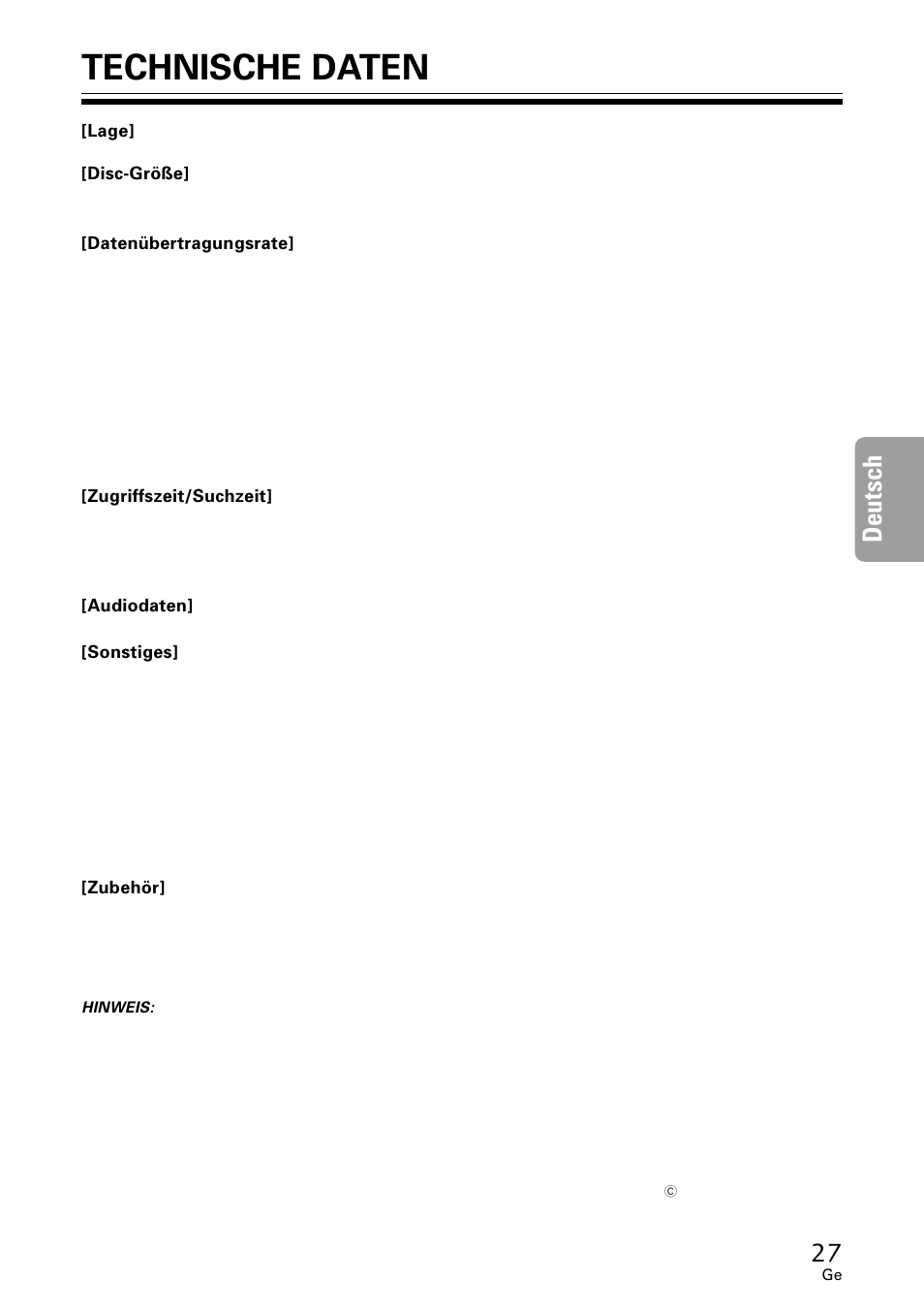 Technische daten, Deutsch | Pioneer DVR-A06U User Manual | Page 27 / 60