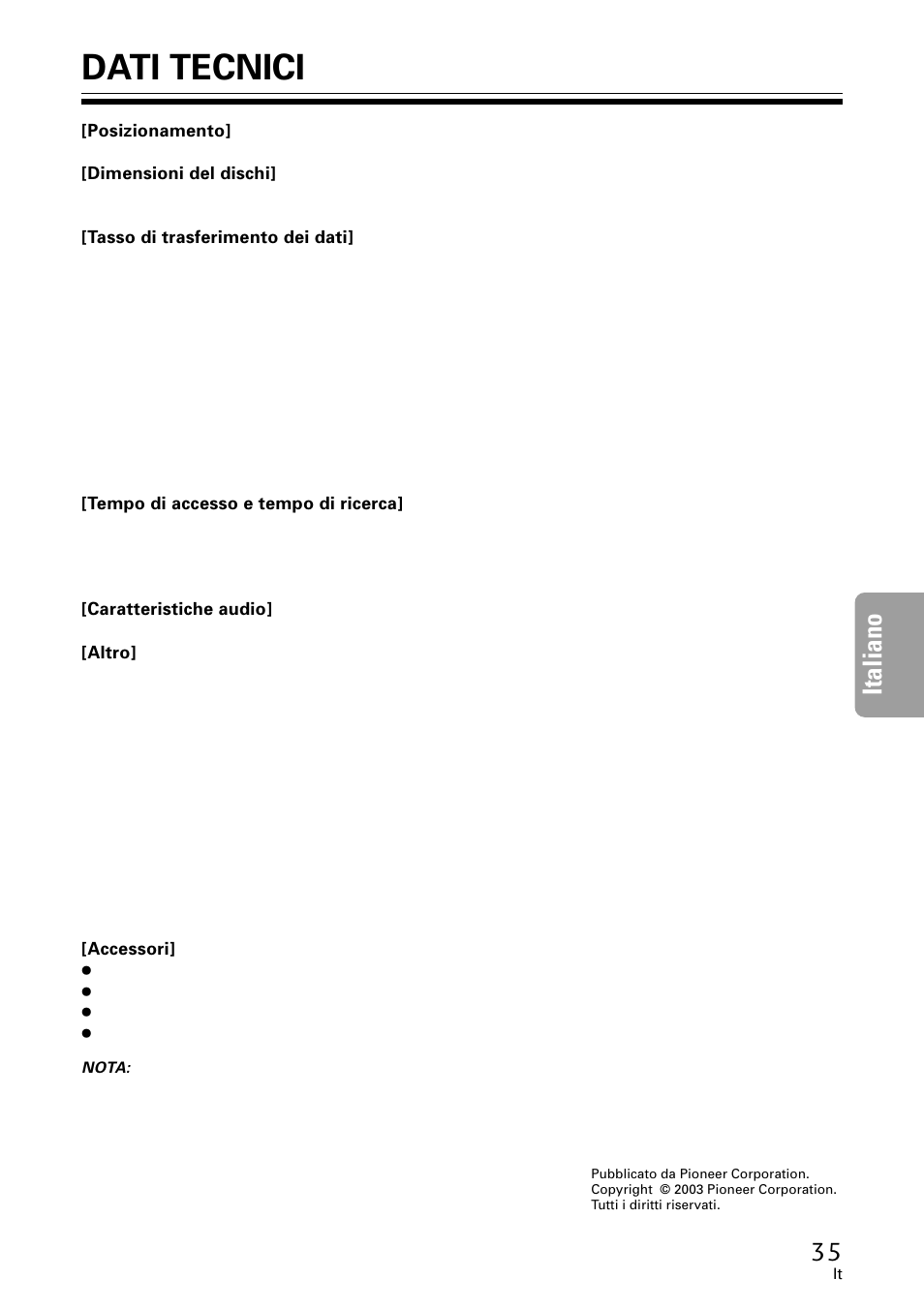 Dati tecnici, Italiano | Pioneer DVR-A06U User Manual | Page 35 / 60