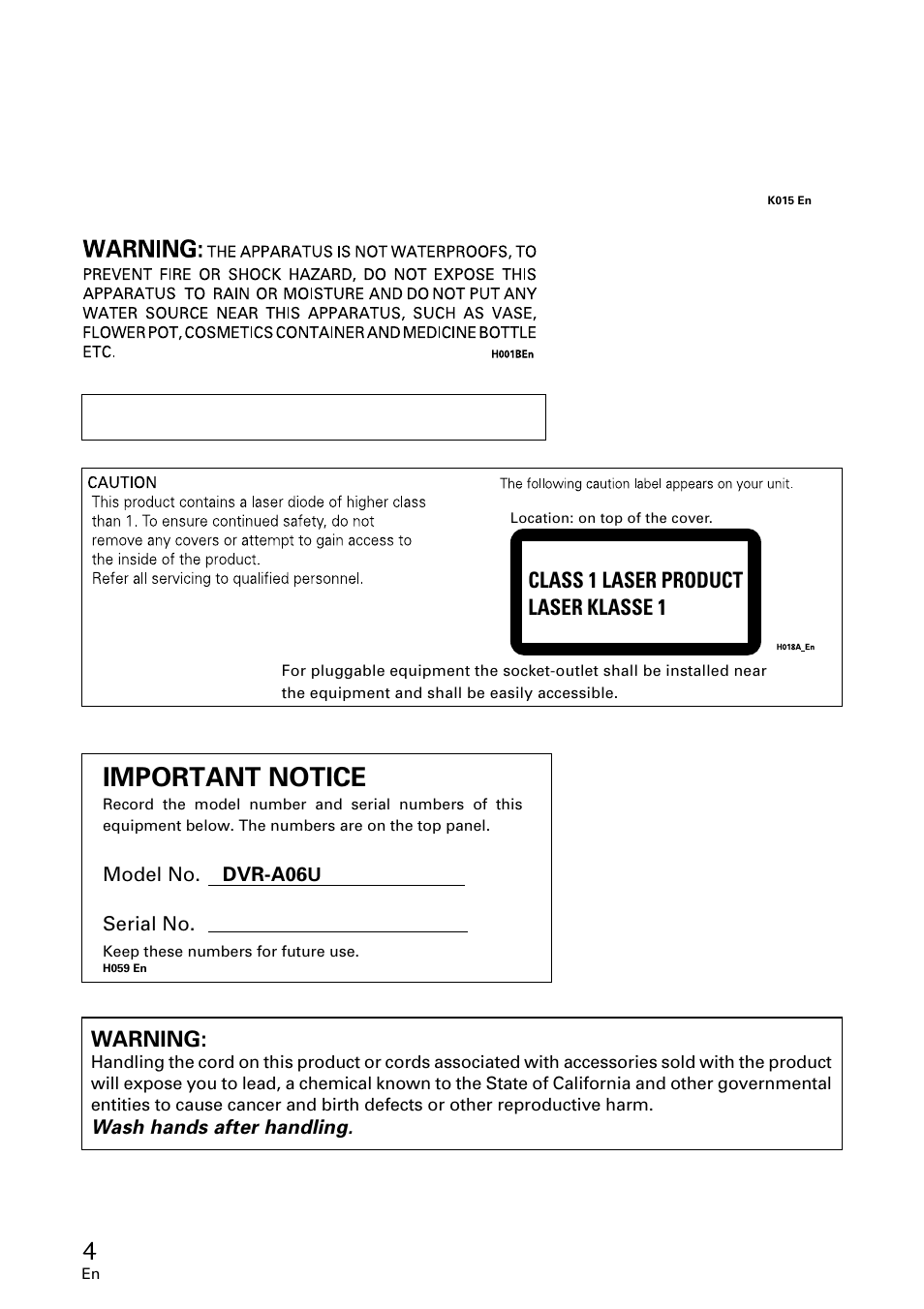 Important notice, Class 1 laser product laser klasse 1 warning | Pioneer DVR-A06U User Manual | Page 4 / 60